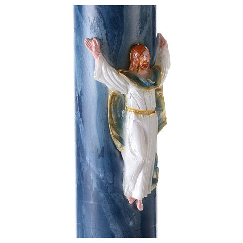 Paschal candle with blue marble finish and Risen Jesus 120x8 cm 3