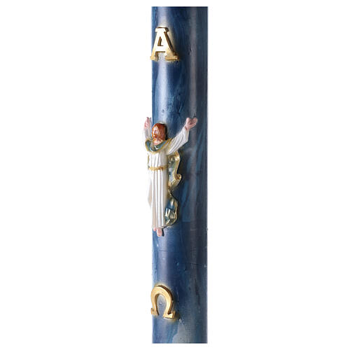 Paschal candle with blue marble finish and Risen Jesus 120x8 cm 4