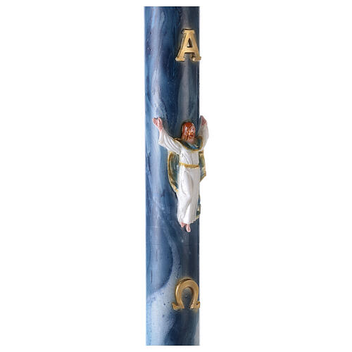 Paschal candle with blue marble finish and Risen Jesus 120x8 cm 5