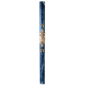 Paschal candle with blue marble finish, cross and lamb, 120x8 cm