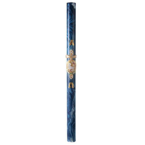 Paschal candle with blue marble finish, cross and lamb, 120x8 cm 2