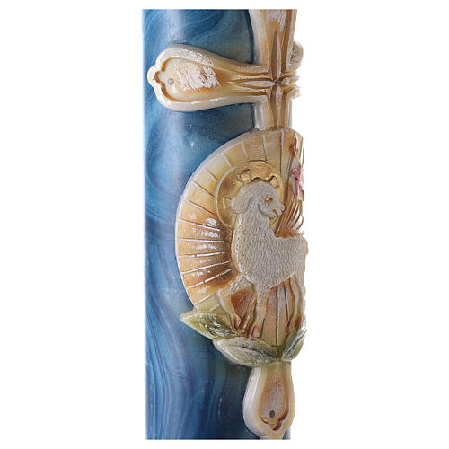 Paschal candle with blue marble finish, cross and lamb, 120x8 cm 3