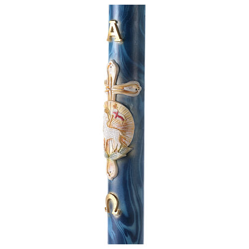 Paschal candle with blue marble finish, cross and lamb, 120x8 cm 4