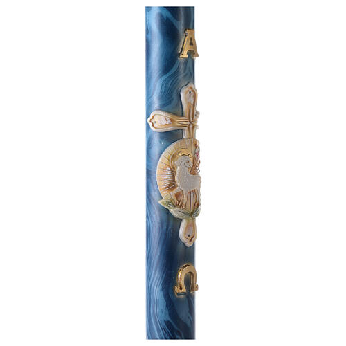 Paschal candle with blue marble finish, cross and lamb, 120x8 cm 5
