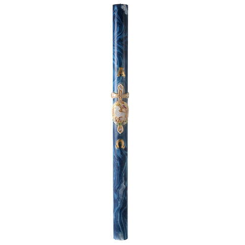 Paschal candle with blue marble finish, cross and lamb, 120x8 cm 4