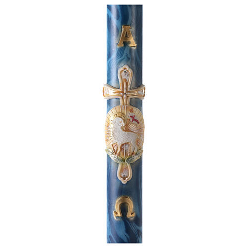 Círio Pascal marmoreado azul cruz com cordeiro, Alfa e Ómega, 120x8 cm 1