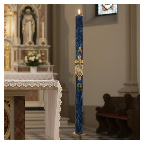 Paschal candle with blue marbled lamb cross 120x8 cm 2