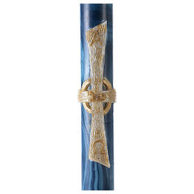 Osterkerze, weißes Kreuz, Lamm, Alpha und Omega, blau marmoriert, 120x8 cm