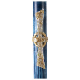 Paschal candle with blue marble finish, Alpha, Omega, Lamb and white cross, 120x8 cm