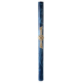 Paschal candle with blue marble finish, Alpha, Omega, Lamb and white cross, 120x8 cm