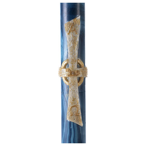 Paschal candle with blue marble finish, Alpha, Omega, Lamb and white cross, 120x8 cm 1