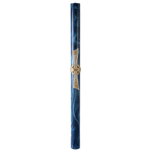 Paschal candle with blue marble finish, Alpha, Omega, Lamb and white cross, 120x8 cm 2