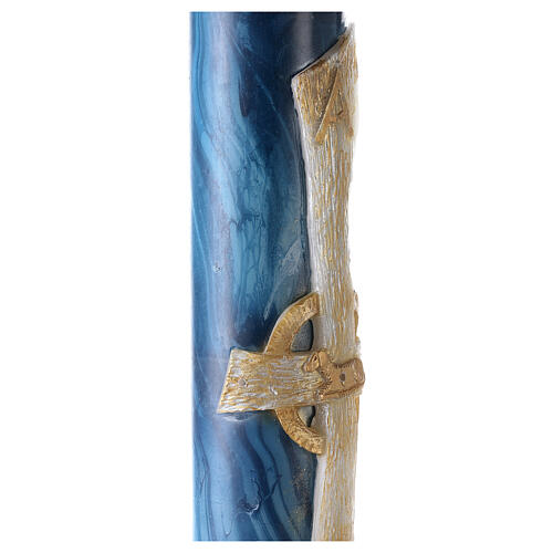 Paschal candle with blue marble finish, Alpha, Omega, Lamb and white cross, 120x8 cm 3