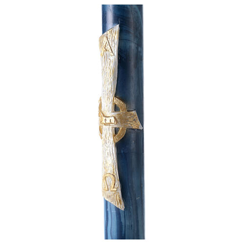 Paschal candle with blue marble finish, Alpha, Omega, Lamb and white cross, 120x8 cm 4
