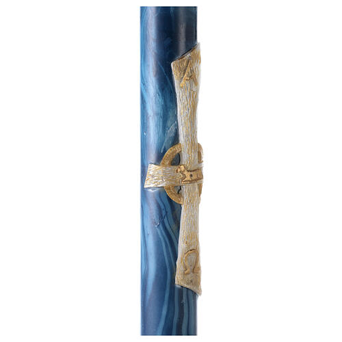 Paschal candle with blue marble finish, Alpha, Omega, Lamb and white cross, 120x8 cm 5