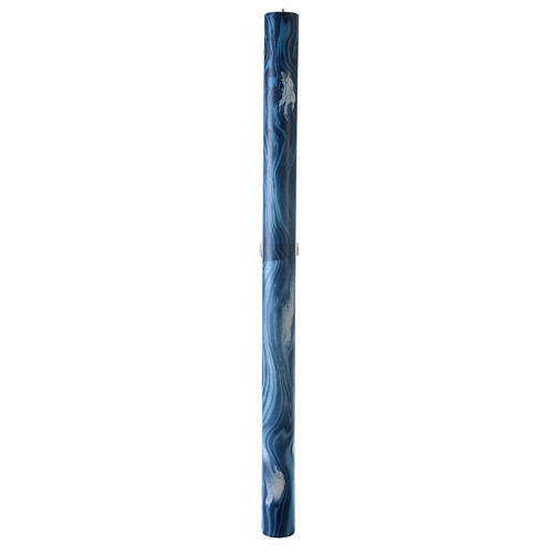 Paschal candle with blue marble finish, Alpha, Omega, Lamb and white cross, 120x8 cm 7