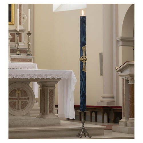 Paschal candle with blue marble finish, Alpha, Omega, Lamb and white cross, 120x8 cm 2