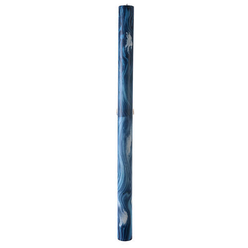 Paschal candle with blue marble finish, Alpha, Omega, Lamb and white cross, 120x8 cm 8