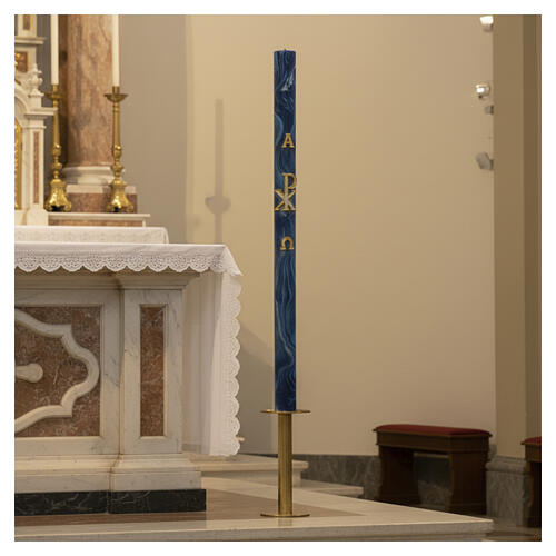 Cierge pascal Chi-Rho Alpha et Oméga fond marbré bleu 120x8 cm 2