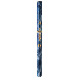 Paschal candle with blue marble finish, golden cross, Alpha and Omega, 120x8 cm