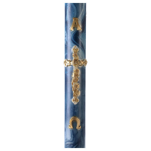 Paschal candle with blue marble finish, golden cross, Alpha and Omega, 120x8 cm 1