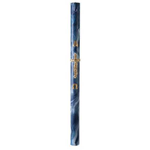 Paschal candle with blue marble finish, golden cross, Alpha and Omega, 120x8 cm 2