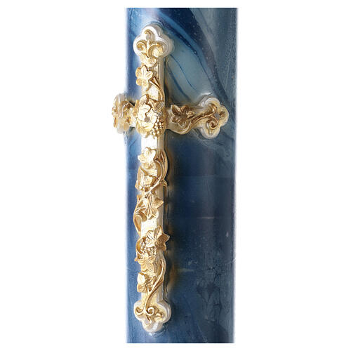 Paschal candle with blue marble finish, golden cross, Alpha and Omega, 120x8 cm 3