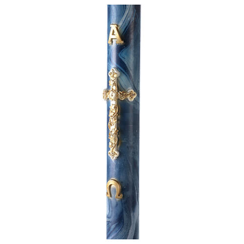 Paschal candle with blue marble finish, golden cross, Alpha and Omega, 120x8 cm 4