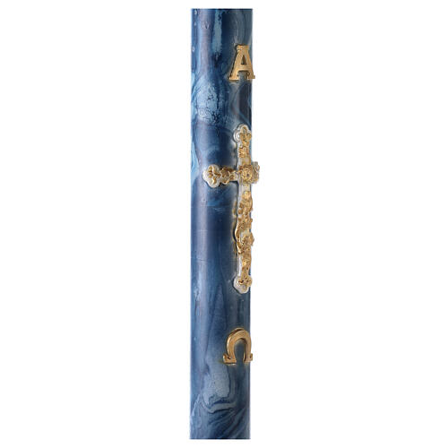 Paschal candle with blue marble finish, golden cross, Alpha and Omega, 120x8 cm 5