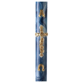 Cierge pascal Alpha Oméga croix dorée fond marbré bleu 120x8 cm