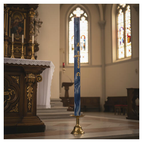 Paschal Candle Alpha Omega Golden Cross blue marbled 120x8 cm 2