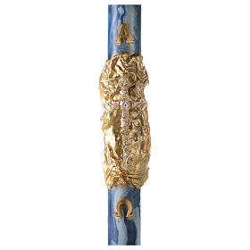 Paschal candle with blue marble finish, cross on a golden cloak, Alpha and Omega, 120x8 cm