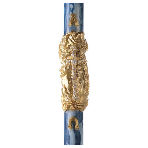 Paschal candle with blue marble finish, cross on a golden cloak, Alpha and Omega, 120x8 cm 1