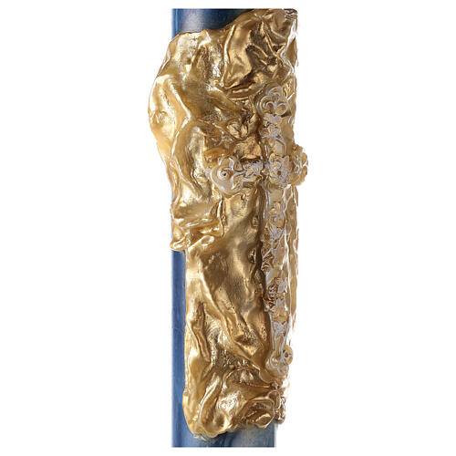 Paschal candle with blue marble finish, cross on a golden cloak, Alpha and Omega, 120x8 cm 3
