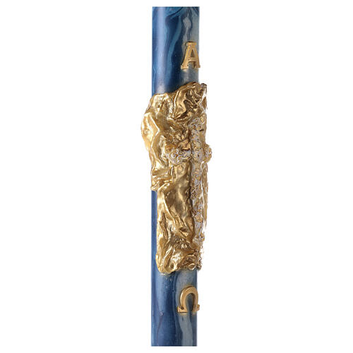 Paschal candle with blue marble finish, cross on a golden cloak, Alpha and Omega, 120x8 cm 5