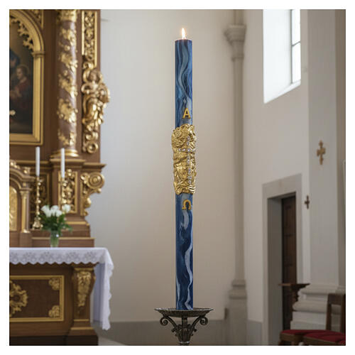 Paschal candle with blue marble finish, cross on a golden cloak, Alpha and Omega, 120x8 cm 2