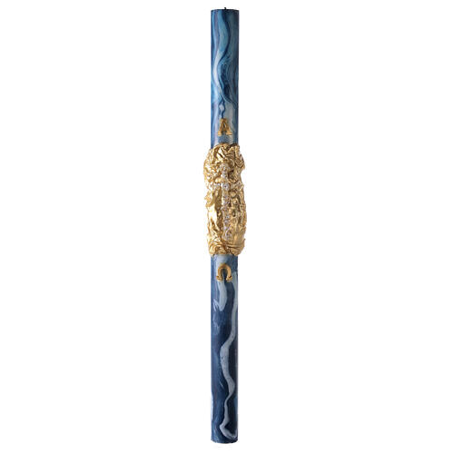 Paschal candle with blue marble finish, cross on a golden cloak, Alpha and Omega, 120x8 cm 4