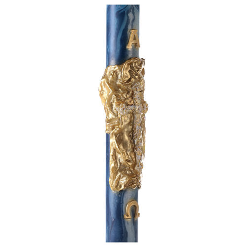 Paschal candle with blue marble finish, cross on a golden cloak, Alpha and Omega, 120x8 cm 6