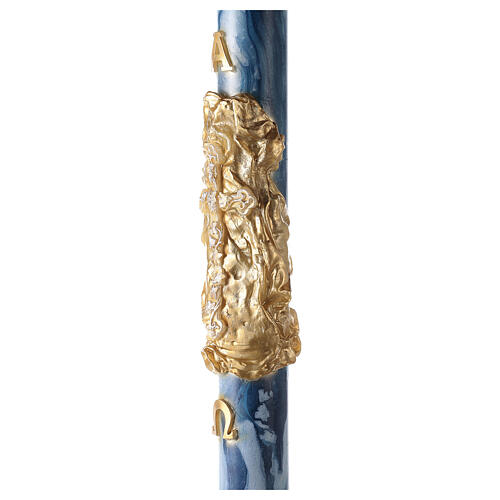 Círio Pascal marmoreado azul Cruz Pano dourado e letras Alfa e Ómega, 120x8 cm 4
