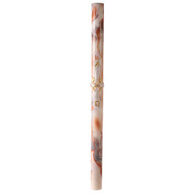 Paschal candle with orange-white marble finish, cross with Lamb, Alpha and Omega, 120x8 cm