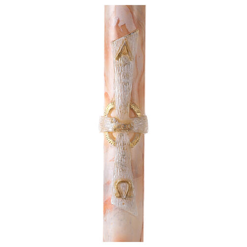 Paschal candle with orange-white marble finish, cross with Lamb, Alpha and Omega, 120x8 cm 1