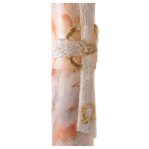 Paschal candle with orange-white marble finish, cross with Lamb, Alpha and Omega, 120x8 cm 3