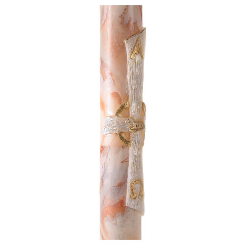 Paschal candle with orange-white marble finish, cross with Lamb, Alpha and Omega, 120x8 cm 5