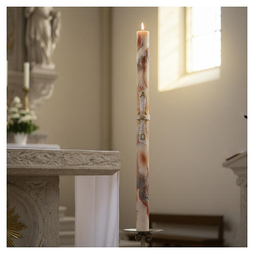 Cierge pascal Alpha Oméga croix blanche fond marbré blanc-orange 120x8 cm 2