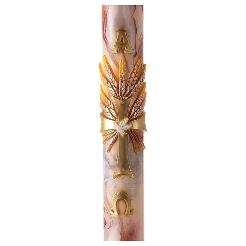 Paschal candle with orange-white marble finish, cross with red ears of wheat, 120x8 cm 1