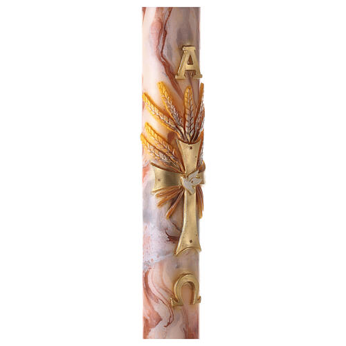 Paschal candle with orange-white marble finish, cross with red ears of wheat, 120x8 cm 5