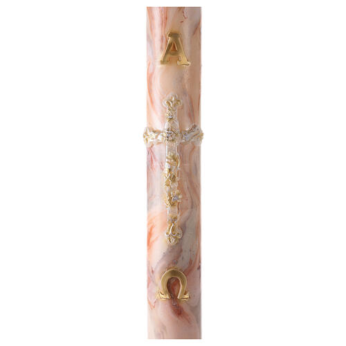 Paschal candle with orange-white marble finish, golden cross, Alpha and Omega, 120x8 cm 1