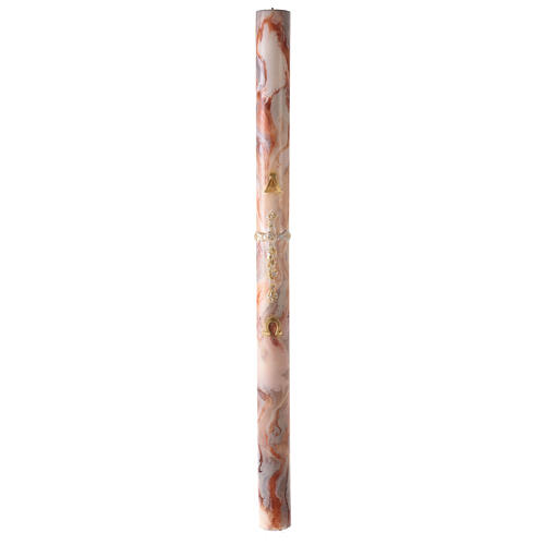 Paschal candle with orange-white marble finish, golden cross, Alpha and Omega, 120x8 cm 2