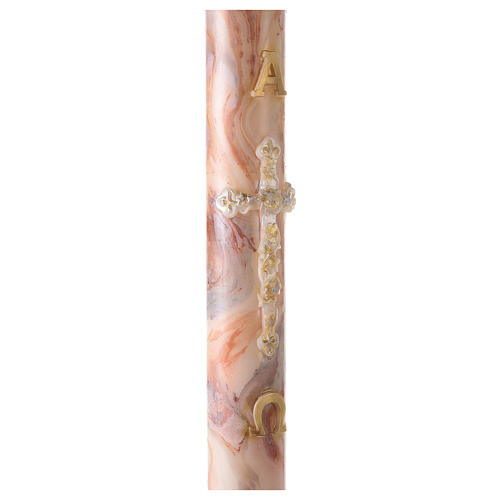 Paschal candle with orange-white marble finish, golden cross, Alpha and Omega, 120x8 cm 5