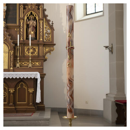 Paschal candle with orange-white marble finish, stylised cross, Alpha and Omega, 120x8 cm 2